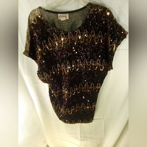 Vintage Joanna Blouse Size 44w Black Gold Sparkle Made in USA Sequin Wavey Lines